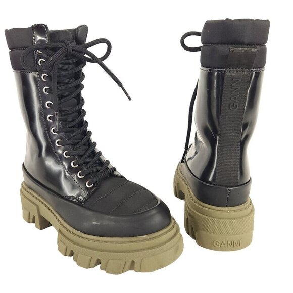 Ganni Quilted Nylon & Leather Combat Boot Size 35 US 5 Black Green $475 - Picture 2 of 12